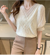 Short Sleeve V-Neck Lace Blouse Shirt